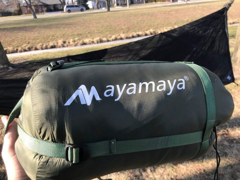 Full Length Hammock Underquilt for Cold Weather Camping in green stuff sack outdoors