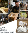 Collage of 3D Rose And Vase Welding Practice Kit for Beginners DIY in 201 Stainless Steel, showcasing gift box, welding, and finished sculpture.