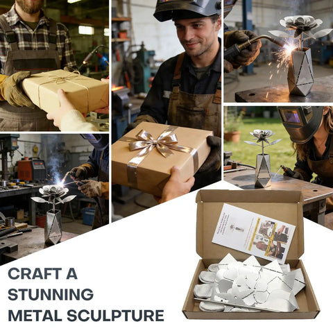Collage of 3D Rose And Vase Welding Practice Kit for Beginners DIY in 201 Stainless Steel, showcasing gift box, welding, and finished sculpture.