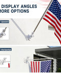 Mighty Sturdy White Flag Pole Holder Bracket For Outside House Walls, 1 Inch Aluminum Outdoor Mount showing 45 and 90-degree display angles.