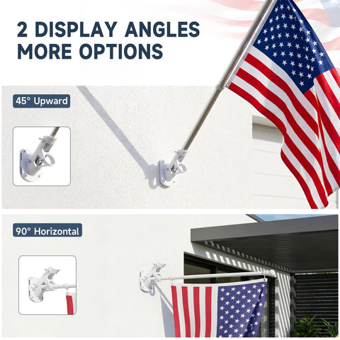 Mighty Sturdy White Flag Pole Holder Bracket For Outside House Walls, 1 Inch Aluminum Outdoor Mount showing 45 and 90-degree display angles.