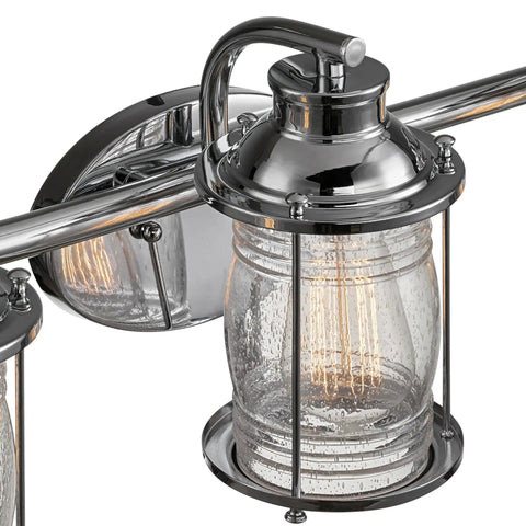 Three Light Vanity Light In Chrome With Ribbed Seeded Glass Shades For A Coastal Bathroom Vibe, Modern Chrome Finish, Bulb Not Included