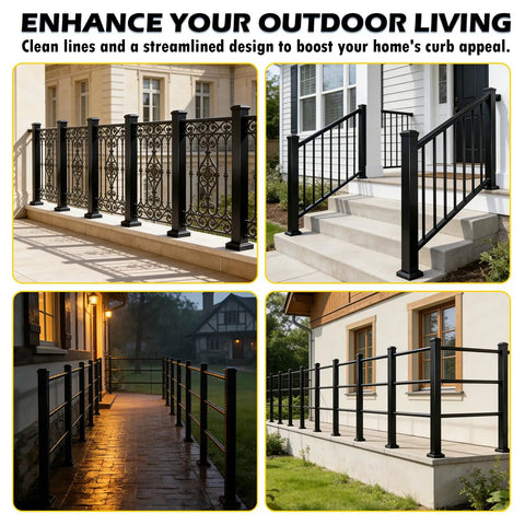 Premium Heavy Duty 45 Inch Black Powder Coated Aluminum Railing Post Kit displayed in various outdoor settings.
