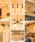 Collage of Vintage Edison LED Bulbs 6W, 60W Equivalent, in various home settings showcasing soft white 3000K lighting applications.