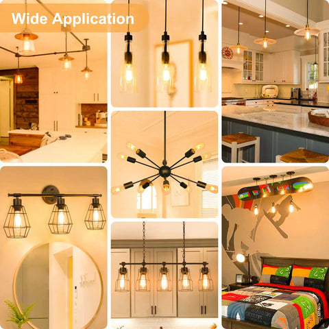 Collage of Vintage Edison LED Bulbs 6W, 60W Equivalent, in various home settings showcasing soft white 3000K lighting applications.
