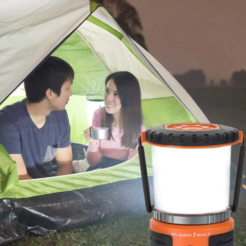 Couple camping with Tough As Nails Rugged USB Rechargeable Lantern with 12000mAh power bank, 1000 lumens brightness, visible at night