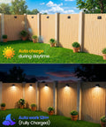 Day and night view of 4 Pack Solar Fence Lights With Remote Control, Ultra Bright 100 Lumen, 1500mAh IP65 Waterproof Outdoor Lights