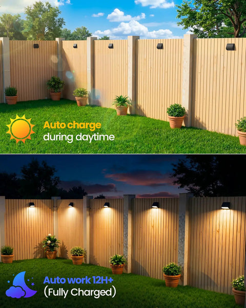 Day and night view of 4 Pack Solar Fence Lights With Remote Control, Ultra Bright 100 Lumen, 1500mAh IP65 Waterproof Outdoor Lights
