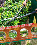 Person using Self Sharpening High Carbon Steel Hedge Trimmers With 2x Leverage Long Handles For Effortless Pruning on a bush