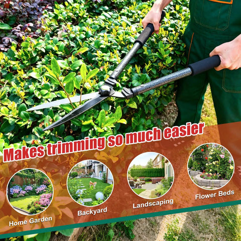 Person using Self Sharpening High Carbon Steel Hedge Trimmers With 2x Leverage Long Handles For Effortless Pruning on a bush