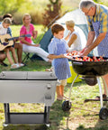Outdoor Beverage Cooler Cart On Wheels 80 Qt Ice Chest with double-sided lid in a backyard party setting