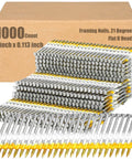 1000 Count 2 Inch Framing Nails With Ring Shank And Flat D Head 21 Degree Galvanized Plastic Collated Strip packed in a box.