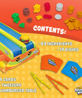 Burger Mania Build And Race Conveyor Belt Game For Kids 6 And Up with cards, tweezers, ingredients, and dishes.