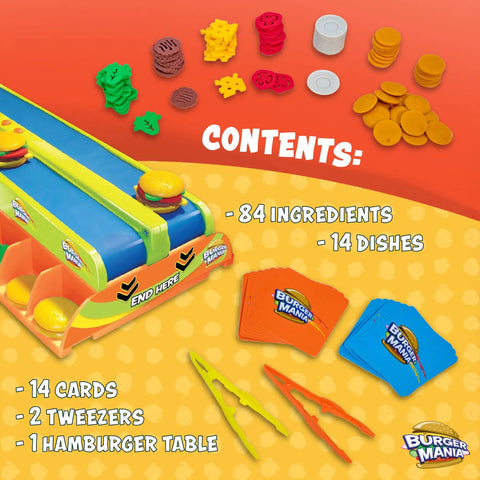 Burger Mania Build And Race Conveyor Belt Game For Kids 6 And Up with cards, tweezers, ingredients, and dishes.