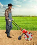 Farmer using Hand Push Garden Seeder With Six Nozzles And Seed Box, Adjustable Planting Depth And Quantitative Sowing One To Two Seeds