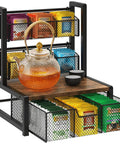 Industrial Rustic Tea Bag Organizer, 3 Tier Wood Storage Box With Drawer, tea display with clear teapot and stacked tea bags