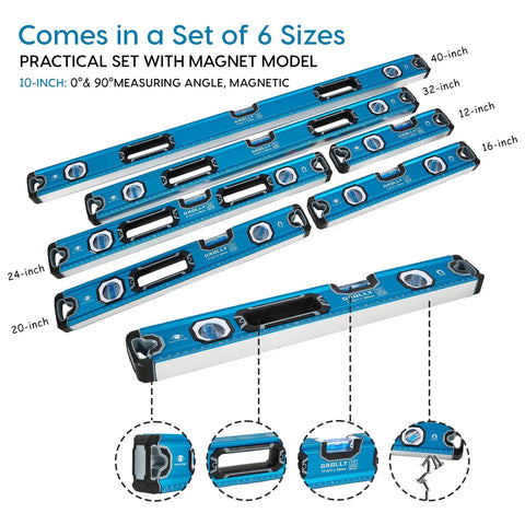 Spot On 6 Piece Spirit Level Set With Magnetic Torpedo And Multi Angle Vials In 12 To 40 Inch Ranges Featuring Durable Aluminum Alloy Build For Bang On Measurements And Tough Job Site Layouts