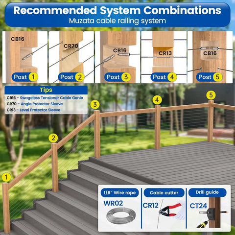 Deck with Twenty Pack One Eighth Inch Swageless Invisible Cable Railing Kit With Hidden Fittings And Lag Screws For Four By Four Six By Six Eight By Eight Wood Posts No Visible Hardware In T316 Stainless Steel Deck Cable Railing System CB16 Ten Pairs displayed.