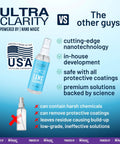 Ultra Clarity lens cleaner spray bottle with blue label, plastic bottle for glasses and screens