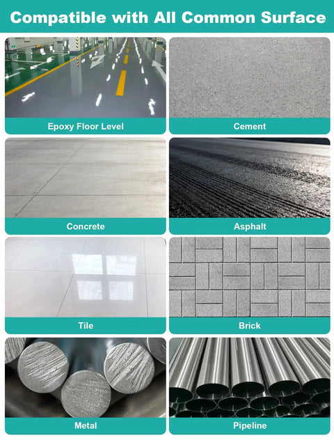Heavy Duty Self Leveling Concrete Crack Filler For Driveways, Patios And Garages, Universal Cement Repair Sealant For Asphalt Brick Tile And Metal, All In One Masonry Patch With Super Grip Formula 4.4 Lb on various surfaces including epoxy, cement, concrete, tile, asphalt, and metal.