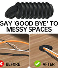 12 Pack Black Desk Grommets 2 Inch With Hole Saw For Cable Management showing before and after cable organization
