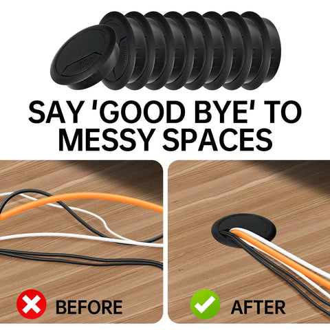 12 Pack Black Desk Grommets 2 Inch With Hole Saw For Cable Management showing before and after cable organization