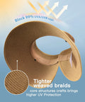 Close view of Womens Straw Sun Hat With Ponytail Hole And Wide Brim Beach Visor Khaki Ultimate Sun Protection, highlighting weave.