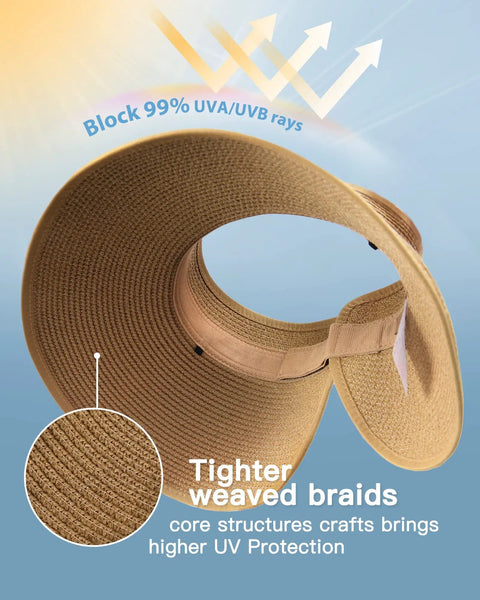 Close view of Womens Straw Sun Hat With Ponytail Hole And Wide Brim Beach Visor Khaki Ultimate Sun Protection, highlighting weave.