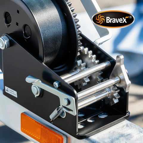 Beefy Heavy Duty Boat Trailer Hand Winch 3500 Lbs With 33 Ft Strap For Lifting And Towing Boats Carbon Steel Build Easy Crank Action Marine Grade Toughness For Dock And Trailer, close-up