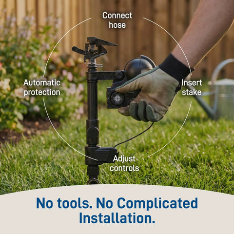 Person installing Motion Activated Sprinkler Yard Guard For Dogs Cats Raccoons And More Outdoor Animal Deterrent with gloves