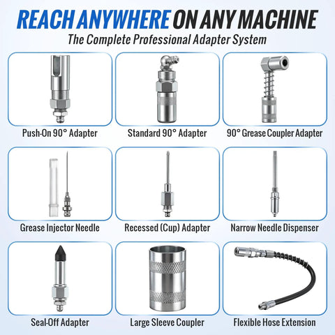 9 Piece Grease Gun Couplers Quick Connect Kit With 12 Inch Flex Hose And Roll Up Case Universal One Eighth Inch NPT Threads