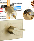 Brushed Gold Shower Fixtures Set With 12 Inch Square Rain Shower Head, Valve Included, showing brass connectors and handle.