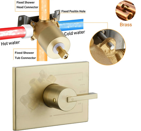Brushed Gold Shower Fixtures Set With 12 Inch Square Rain Shower Head, Valve Included, showing brass connectors and handle.