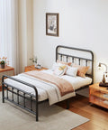Super Heavy Duty Twin Metal Bed Frame With Vintage Victorian Headboard And Footboard In Matte Black Finish Built Like A Tank Zero Sag Quick Snap Assembly in a cozy bedroom setting.