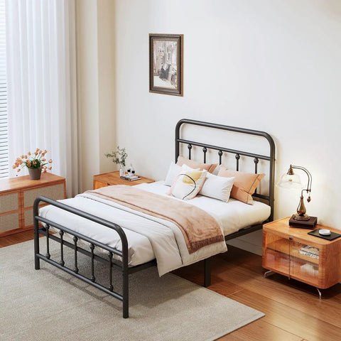 Super Heavy Duty Twin Metal Bed Frame With Vintage Victorian Headboard And Footboard In Matte Black Finish Built Like A Tank Zero Sag Quick Snap Assembly in a cozy bedroom setting.