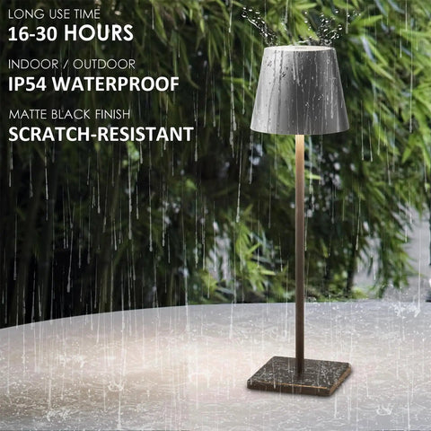 Two Pack LED Cordless Table Lamps With Rechargeable 5500mAh Battery on outdoor table in rain, IP54 waterproof black