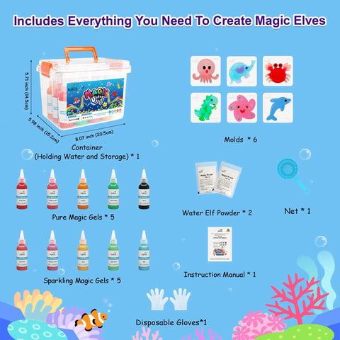 Magic Water Elf Toy Kit For Kids Make Your Own Water Pets With 10 Colorful Gels And 6 Creature Molds DIY Sensory Craft Kit contents