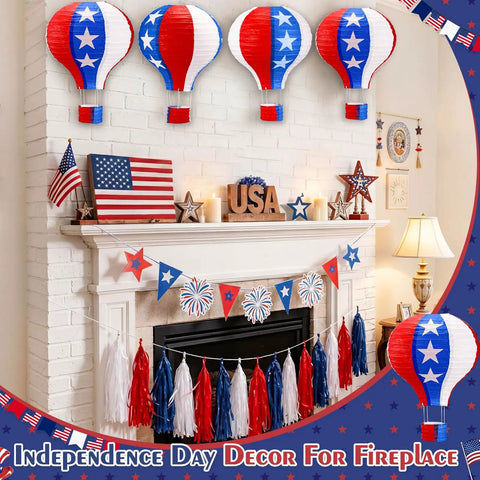 20 Pack July 4th Decor Set Red White Blue Hot Air Balloon Lanterns For Outdoor Patriotic Party Independence Day Yard Decor