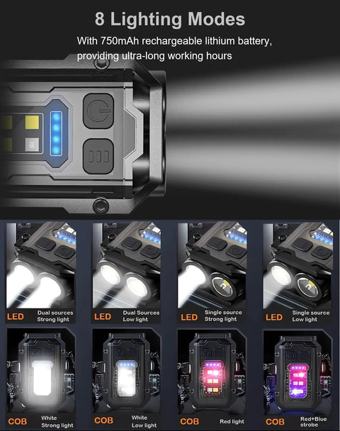 Rechargeable Pocket EDC Flashlight 500 Lumens Dual LED Keychain Light in close-up showing lighting modes and features.
