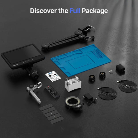 HDMI Soldering Microscope With Flexible Arm, 3 Lens Magnification, 360 Degree Base Rotation, 135 Degree Horizontal Extension, 180 Degree Vertical Movement, Foldable Design, Dope Lighting For Precise Electronics Work And Repairs, full package