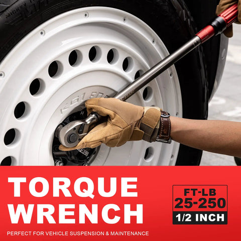 Using Half Inch Drive Click Torque Wrench 25 To 250 Foot Pounds Pro Grade on a car wheel for precise fastening