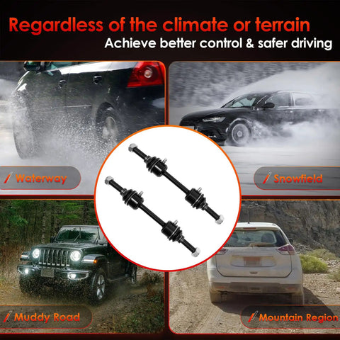 Ford F150 F250 F350 Front Sway Bar Links Set 2 Pack Replacement For Stabilizer Bar Beefs Up Ride Stops Clunking Noise Stops Leaning In Turns Even Tire Wear Fits 2009 To 2022 Models, shown in snowy and muddy driving