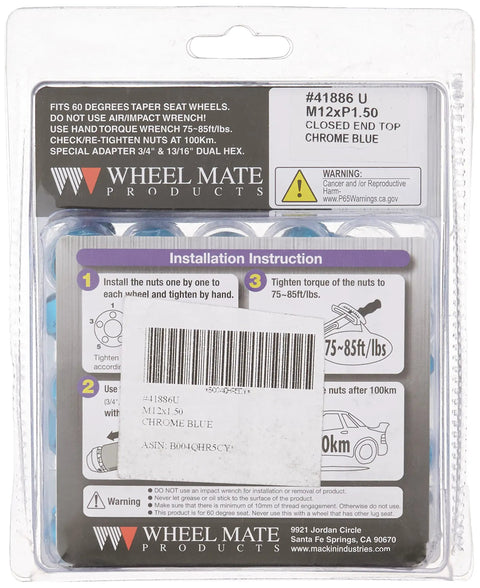 Back view of Black 12mm By 1.25mm Closed End Spline Drive Lug Nut Set packaging with installation instructions.