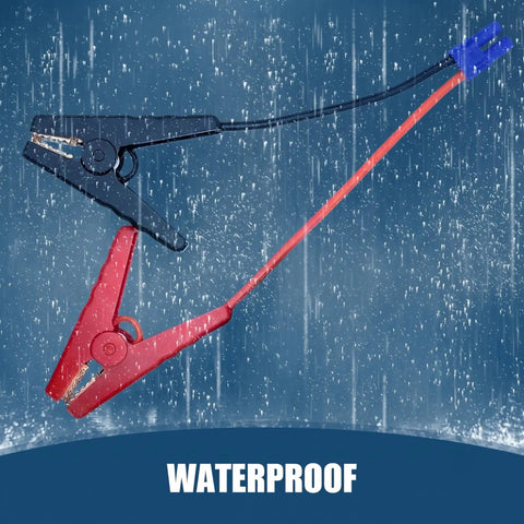 Heavy Duty Car Emergency Battery Jump Cable With EC5 Connector and Snappy Battery Clamps in rain, showcasing waterproof design.