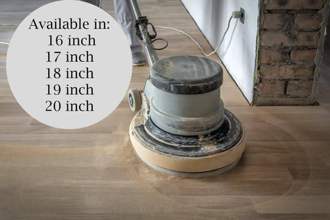 Machine sanding wooden floor using Silicon Carbide 60 Grit Screen Sanding Discs, 17 Inch, Two-Sided Mesh Discs, 10-Pack for Floor Refinishing.