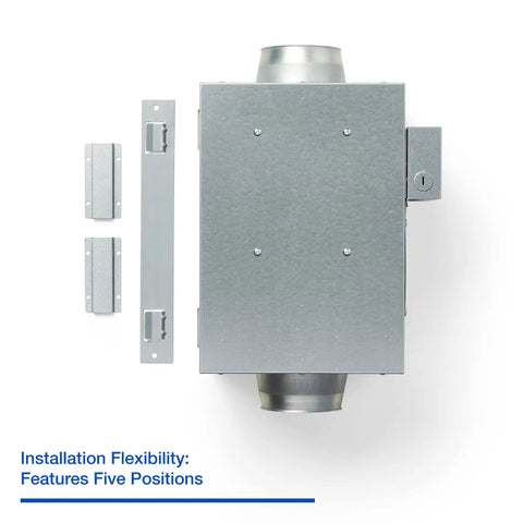 WhisperLine Remote Mount Inline Vent Fan 120 CFM five installation positions shown with joint truss and suspension brackets