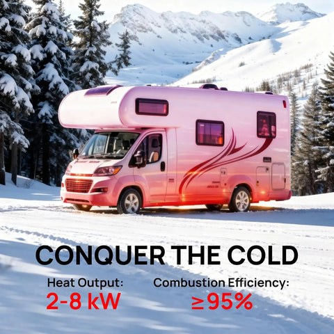 Kick The Freezer Chill With This 8KW Diesel Parking Heater featuring a pink camper in snowy mountains, showcasing cozy winter heating.