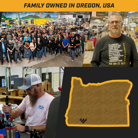 Composite image showing a team of people in a factory, a man working, and an outline of Oregon, promoting local manufacturing.