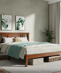 Heavy Duty Solid Pine Queen Platform Bed Frame With Stylish Headboard Thick Wood Slat Support in a bright room.
