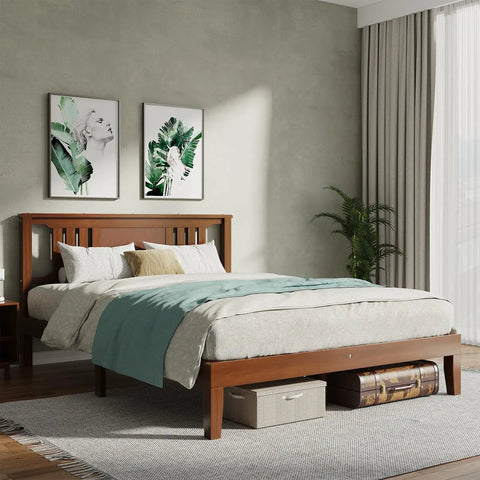 Heavy Duty Solid Pine Queen Platform Bed Frame With Stylish Headboard Thick Wood Slat Support in a bright room.